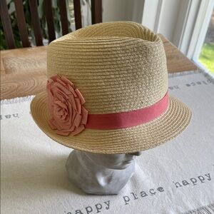 New York & Company Womens Straw Fedora Hat with Pink Band & Flower